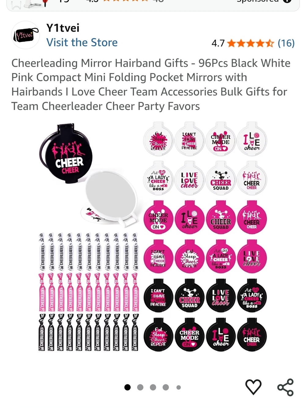Cheerleading Compact Pocket Mirrors & Hairband Favors - Black, White & Pink